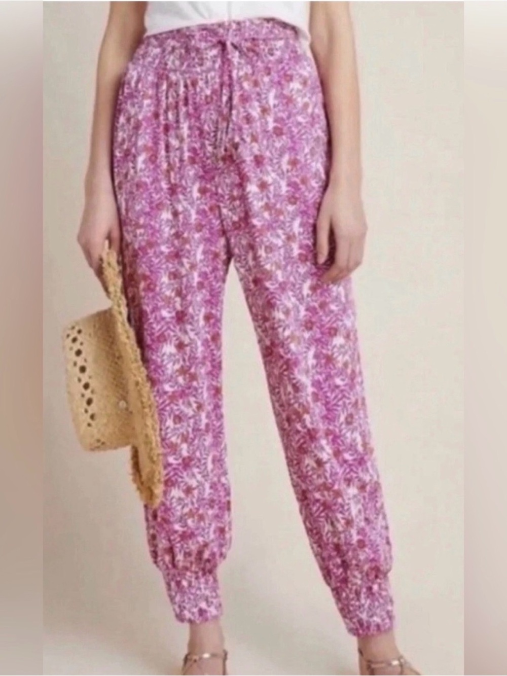 Anthropologie Pink Floral High Waisted Pull on Jogger Pants Size M